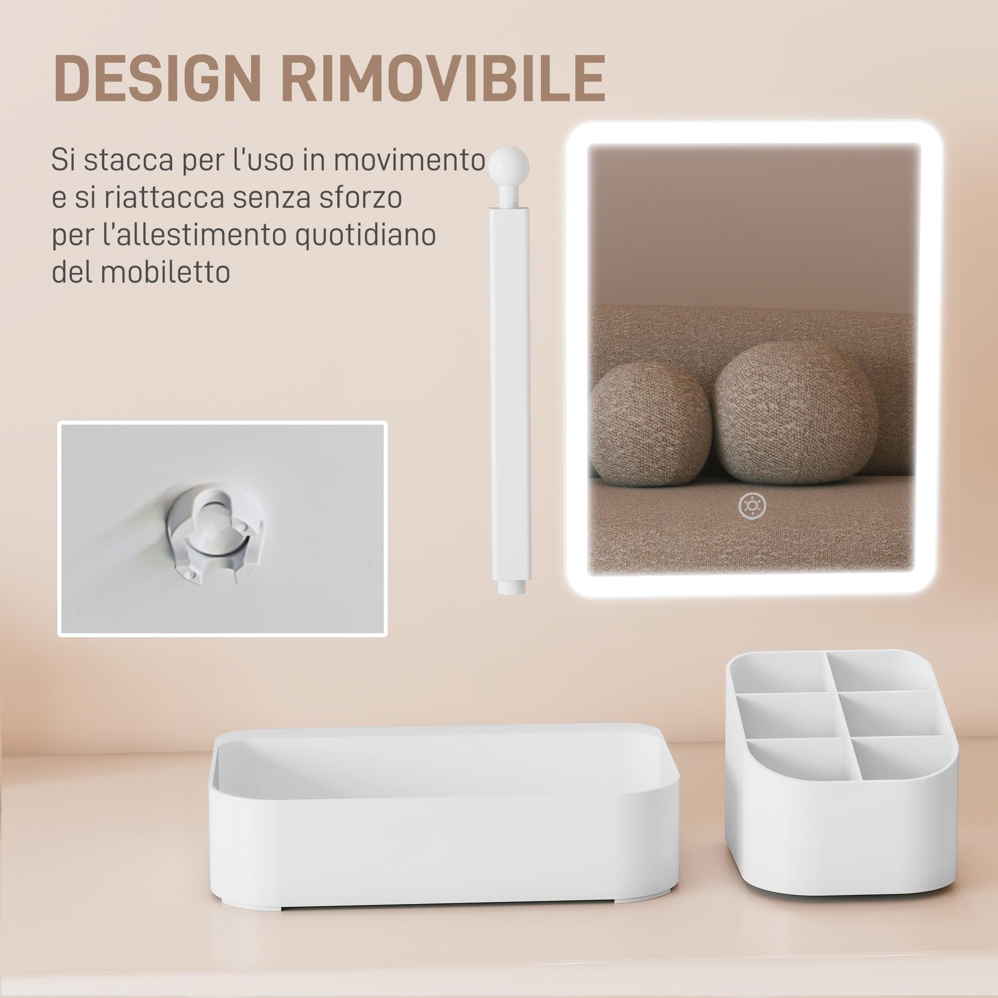 HOMCOM Specchio da Trucco con Luce Dimmerabile, Specchio Illuminato con Regolazione Touch, 2 Modalità di Illuminazione, Rotazione 180°, Specchio Rimovibile e Organizer per Trucchi, Bianco