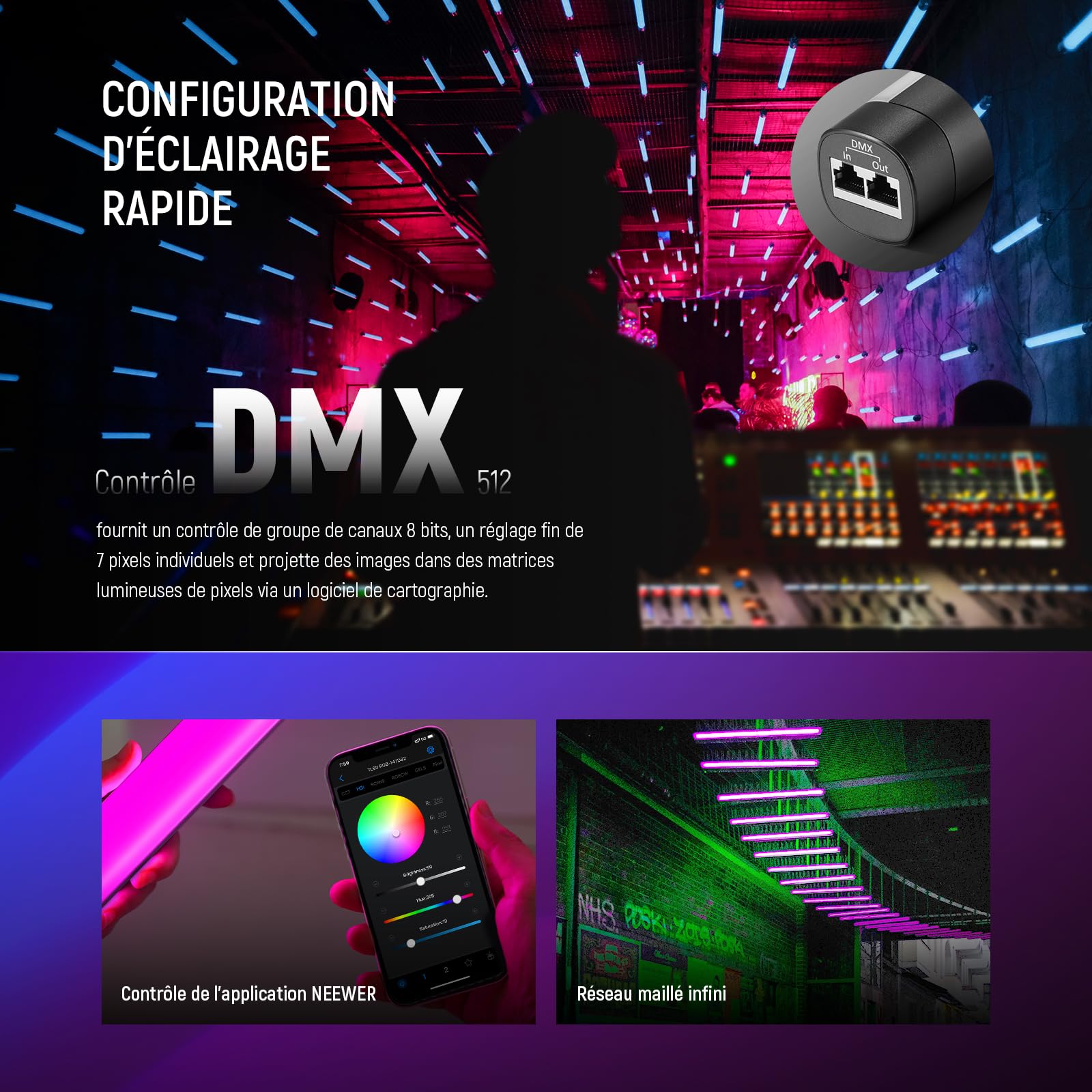 NEEWER TL60 Tube Éclairage Vidéo RGB, Lampe Vidéo LED Portable RGBWW pour Photographie, Bâton Lumineux avec 2,4 G APP Contrôle/DMX, 7 Effets Pixels, 18 Scènes, 2500K-10000K TLCI98+, Batterie 3000mAh