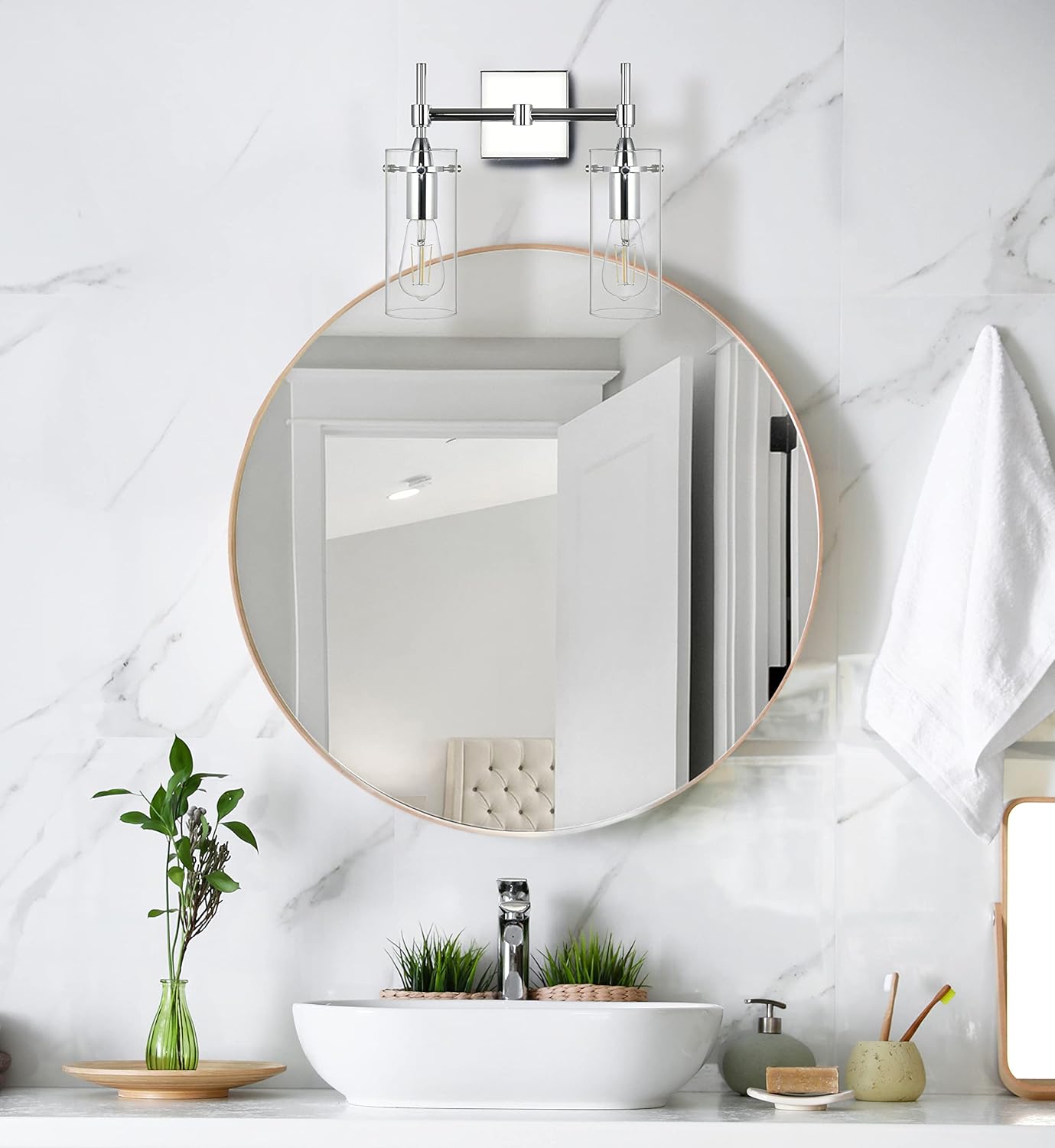 Linea di Liara Effimero Modern Farmhouse Bathroom Vanity Lights Fixtures 2 Lights Over Mirror Chrome Vanity Lights for Bathroom Light Fixtures Industrial Lighting Clear Glass Covers, UL Listed