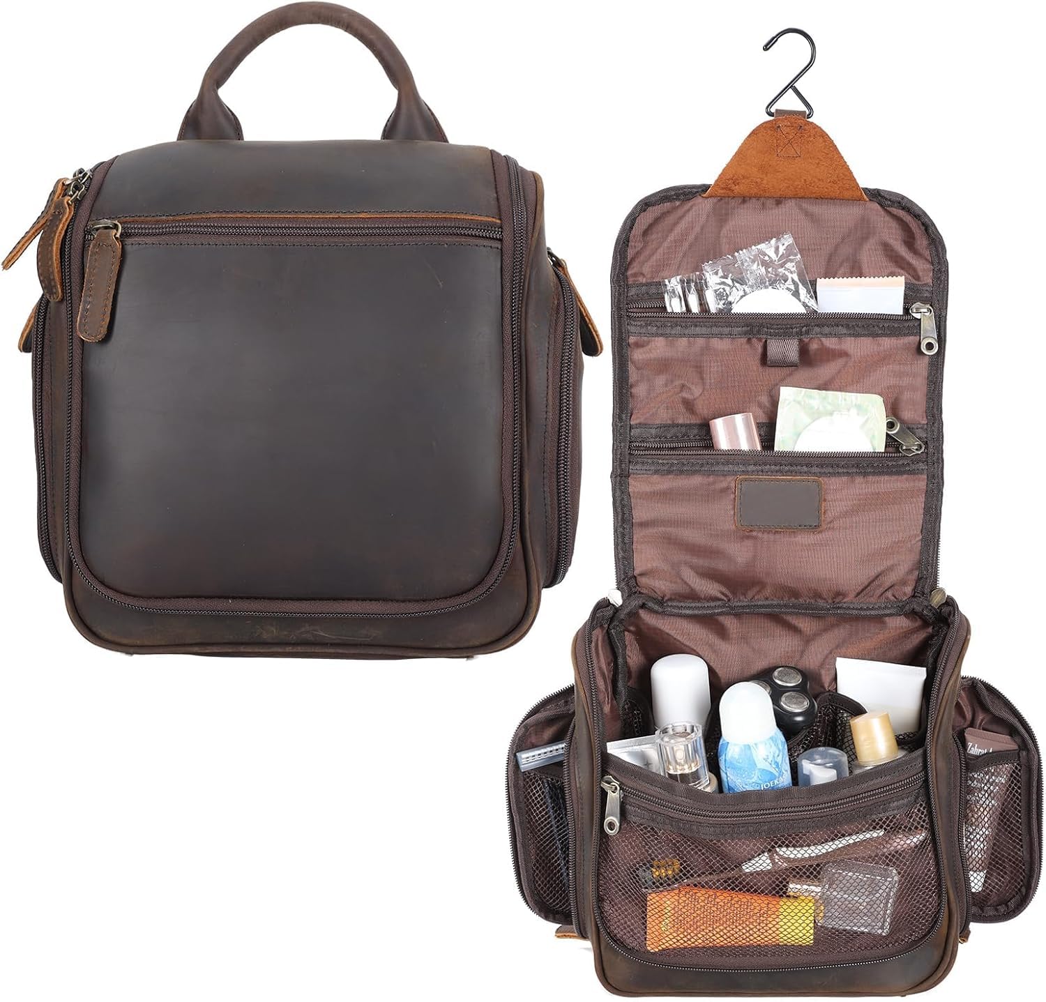 Neceser colgante de piel auténtica para hombre, organizador expandible de viaje y campamento con kit de afeitado, bolsa de lavado marrón vintage resistente al agua para cosméticos, artículos