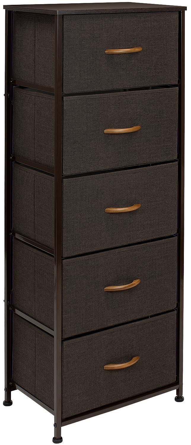 Sorbus Fabric Dresser for Bedroom - Chest of 5 Drawers, Tall Storage Tower, Clothing Organizer, for Closet, for Living Room, Steel Frame, Fabric Bins - Wood Handle (Brown)