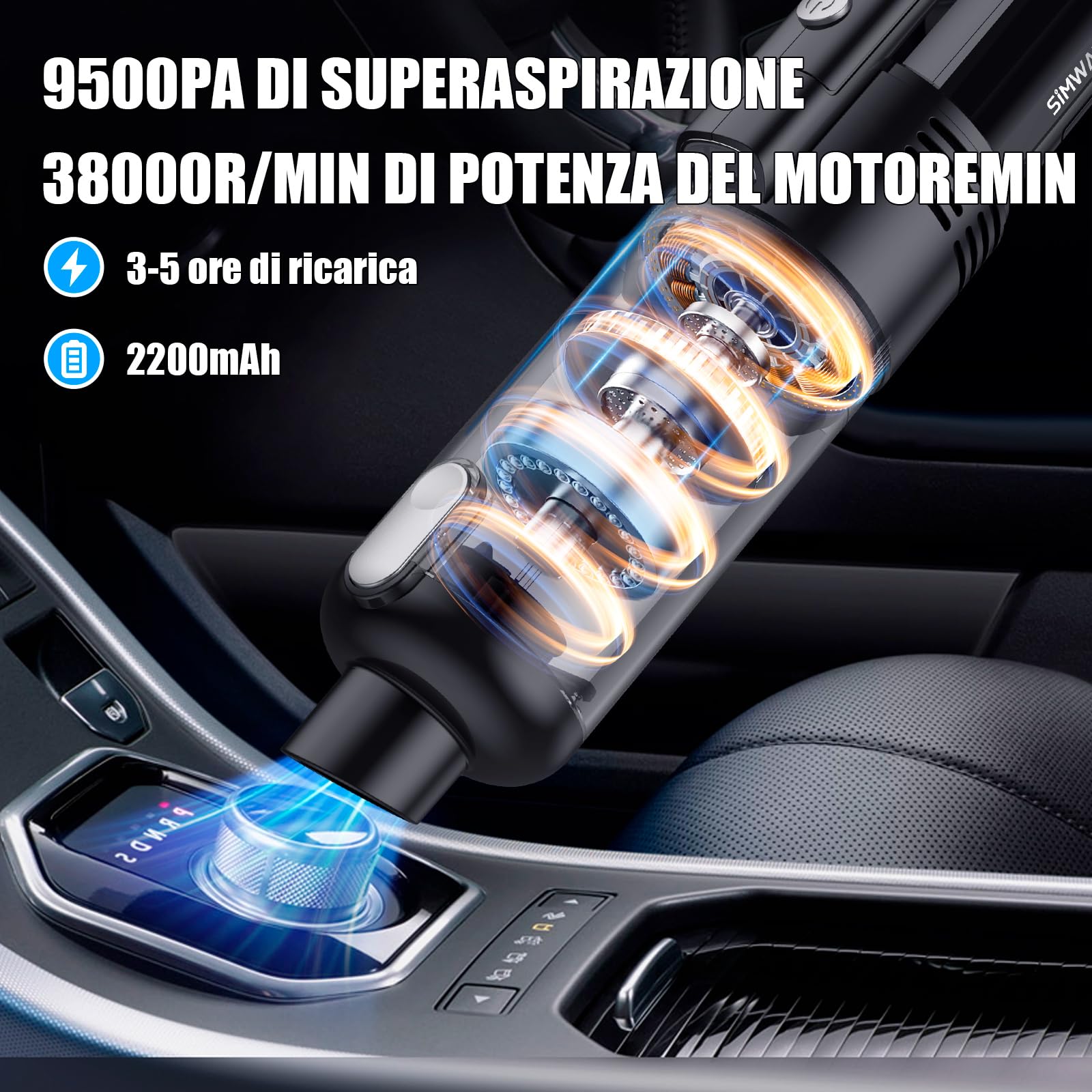 Aspirapolvere Portatile, 9500PA Mini Aspirabriciole Senza Fili, Aspirapolvere Ricaricabile Filtro Metallo HEPA con Illuminazione a LED, 7 accessori, per Auto Casa