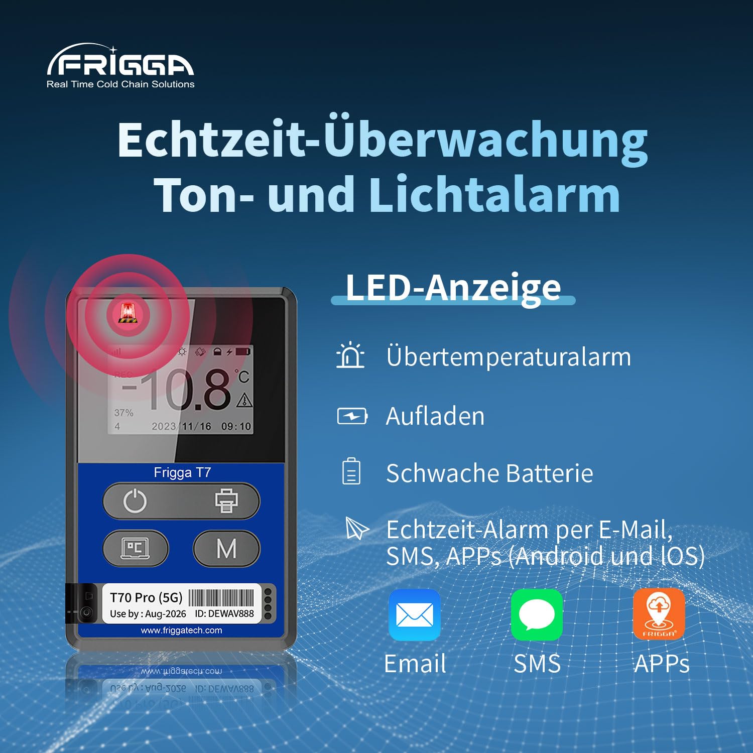 Frigga T70pro 4G/5G Echtzeit-Temperatur-Feuchtigkeits-Datenlogger Wiederverwendbar 50000 Punkte Wireless Remote Digital Temperature Recorder Medizinisches Wiederaufladbar