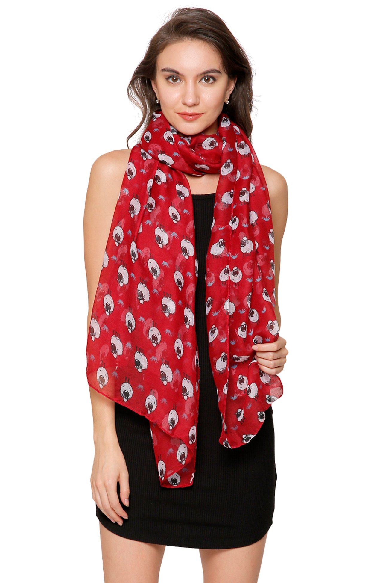 World of Shawls Girls Ladies Little Cartoon Sheep Print Scarf (Red/Maroon)