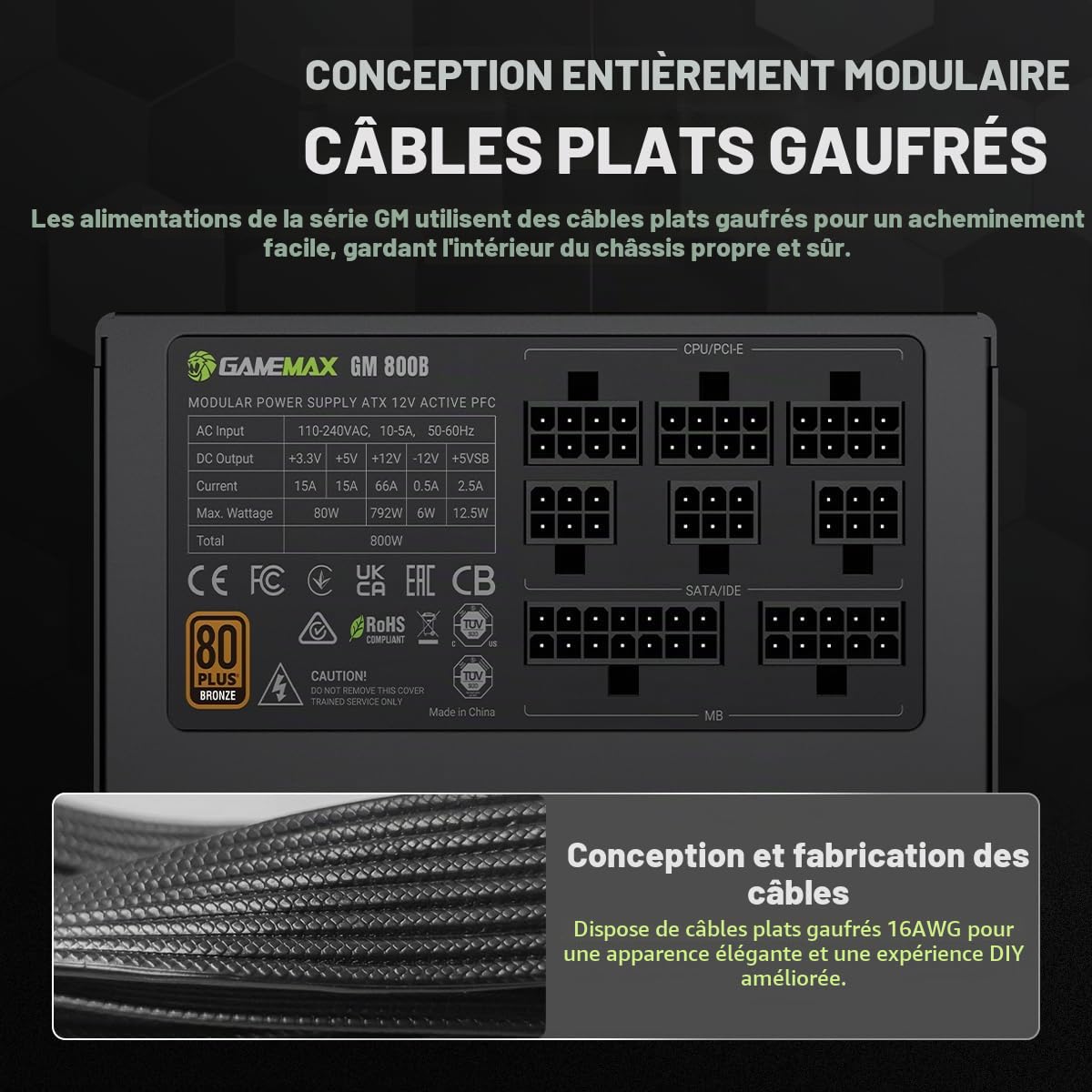 GAMEMAX GM 800B Alimentation PC 800W, Full Modulaire, 80 Plus Bronze, Active PFC & DC-to-DC, Ventilateur 140 mm, condensateurs de Haute qualité, 7 Protections de sécurité