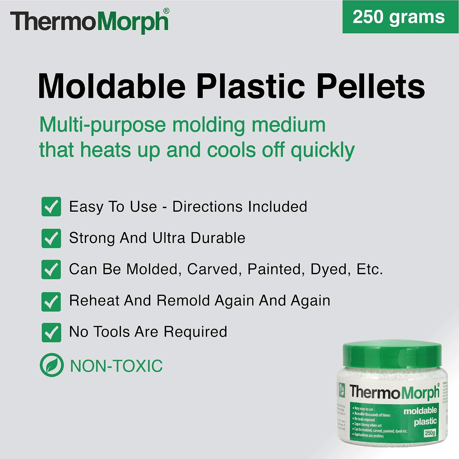 ThermoMorph Moldable Plastic Pellets - Reusable, Reheatable, Heat Pliable Thermal Molding Beads, Great for Sculpting & Crafting, Perfect for Cosplay Fake Teeth & Sharp Fangs - 8.8 oz (250g)