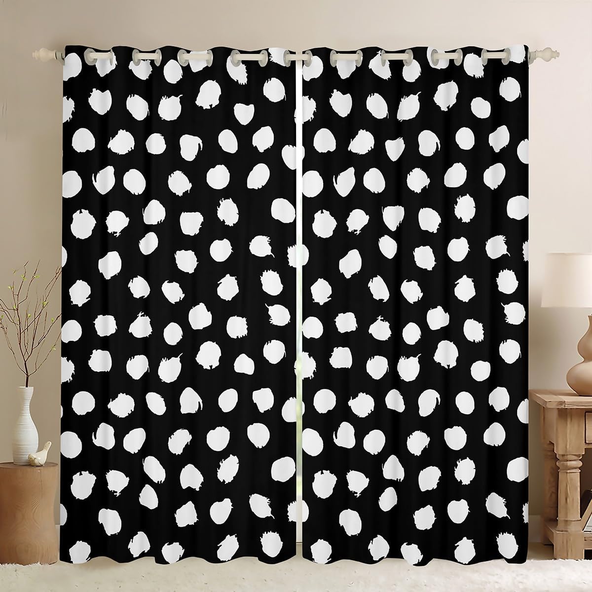 Erosebridal Dots Darkening Drapes 38" Wx45 L, 2 Panels Boho Curtains for Teens Adults Retro Rustic Brush White Black Window Treatments Lightweight Blackout Shades
