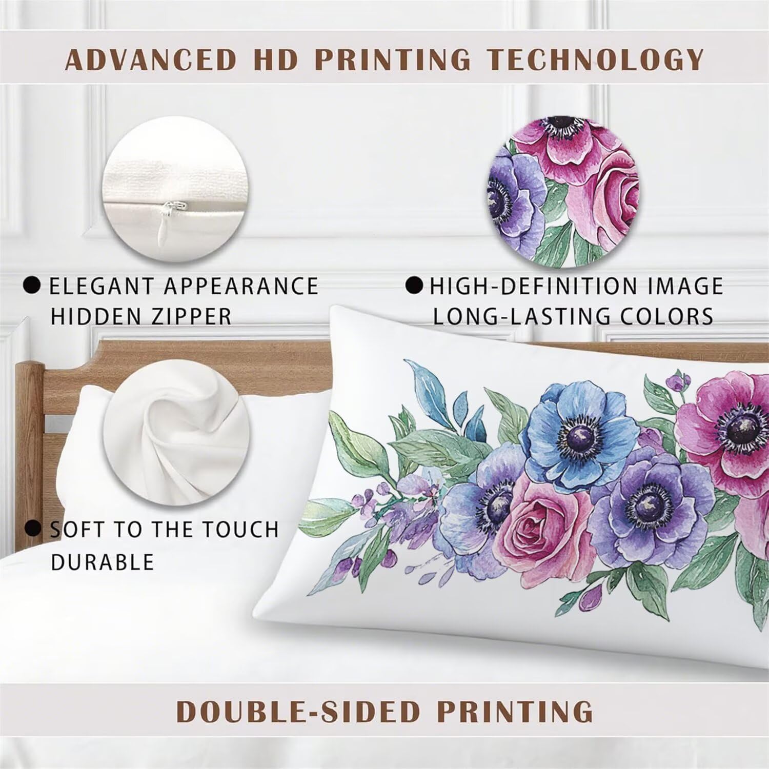 Body Pillow Cover 20x48, Side Sleeper Pillow Purple, Flower Pattern Soft Velvet Bed Pillows Decorative, Farmhouse Long Pillowcase with Zipper Soft Cushion Covers for Bed Couch Home Decor, Model411