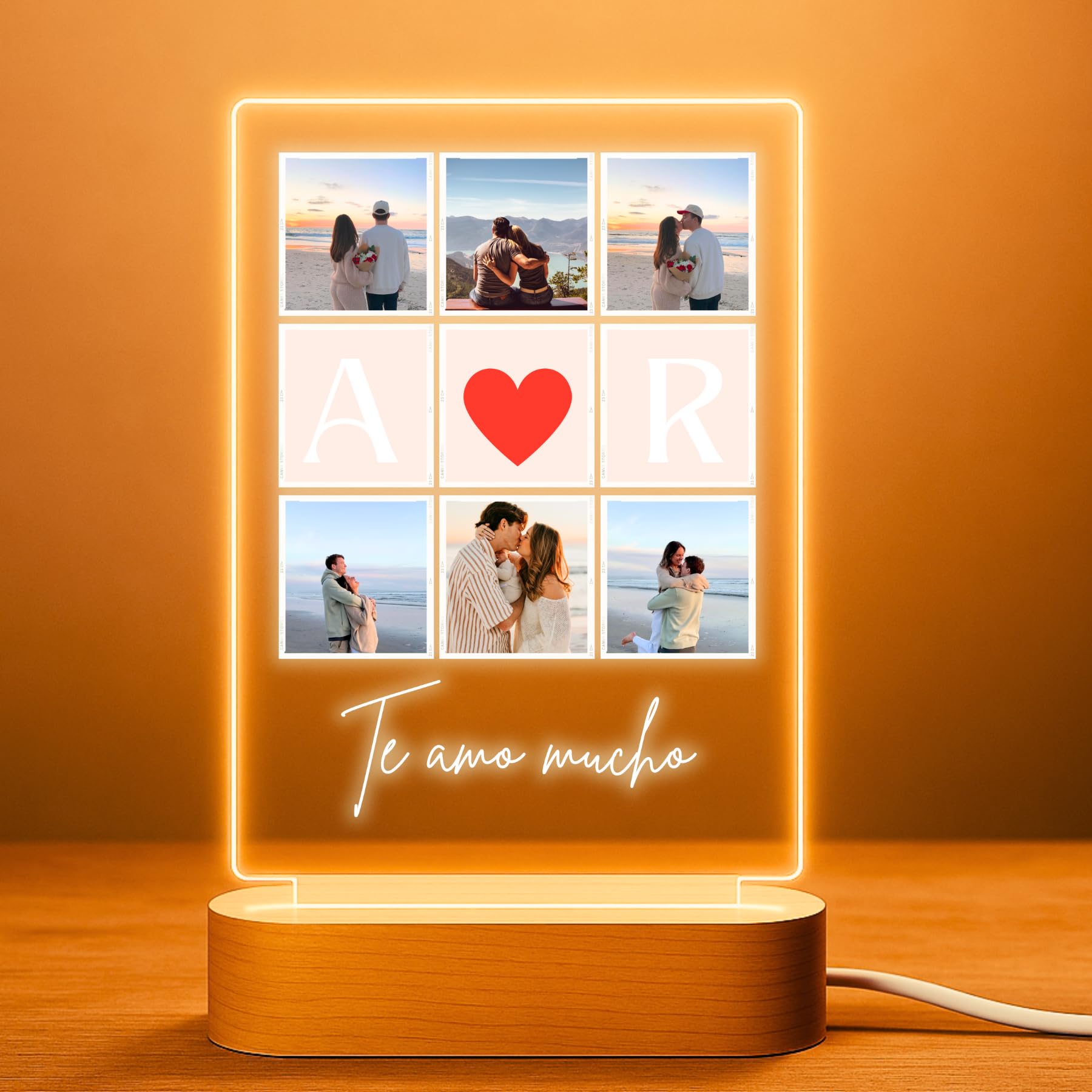 Cristal Plaque Lámparas Personalizadas AMOR con 6 Fotos y Texto – Regalo Pareja Hombre y Mujer – Lámpara Personalizada con Foto y Luz LED – Decoración Hogar Metacrilato Transparente