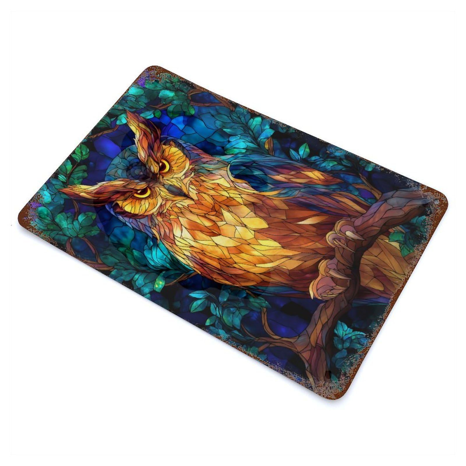 Stained Glass Owl Rusty Metal Tin Sign 11.8"x7.9", Ideal for Patio, Garden Room And Bar Decor