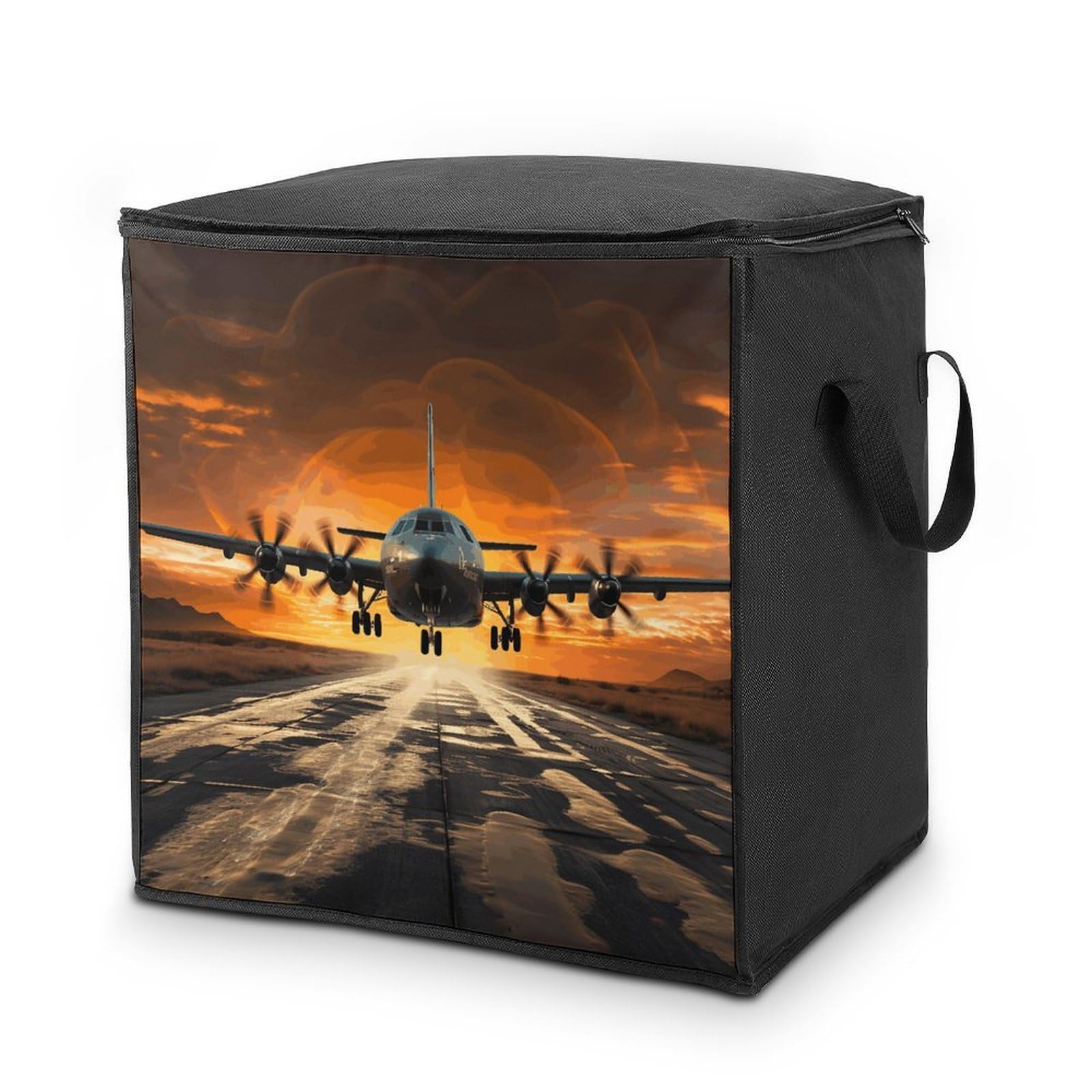 70L Military Plane Landing on Airforce Runways Against Beautiful Dusky Sky Storage Bag With Zipper Closet Organizers with Handle for Home Storage Organizer for Blankets Quilts Clothes Comforter Beddin