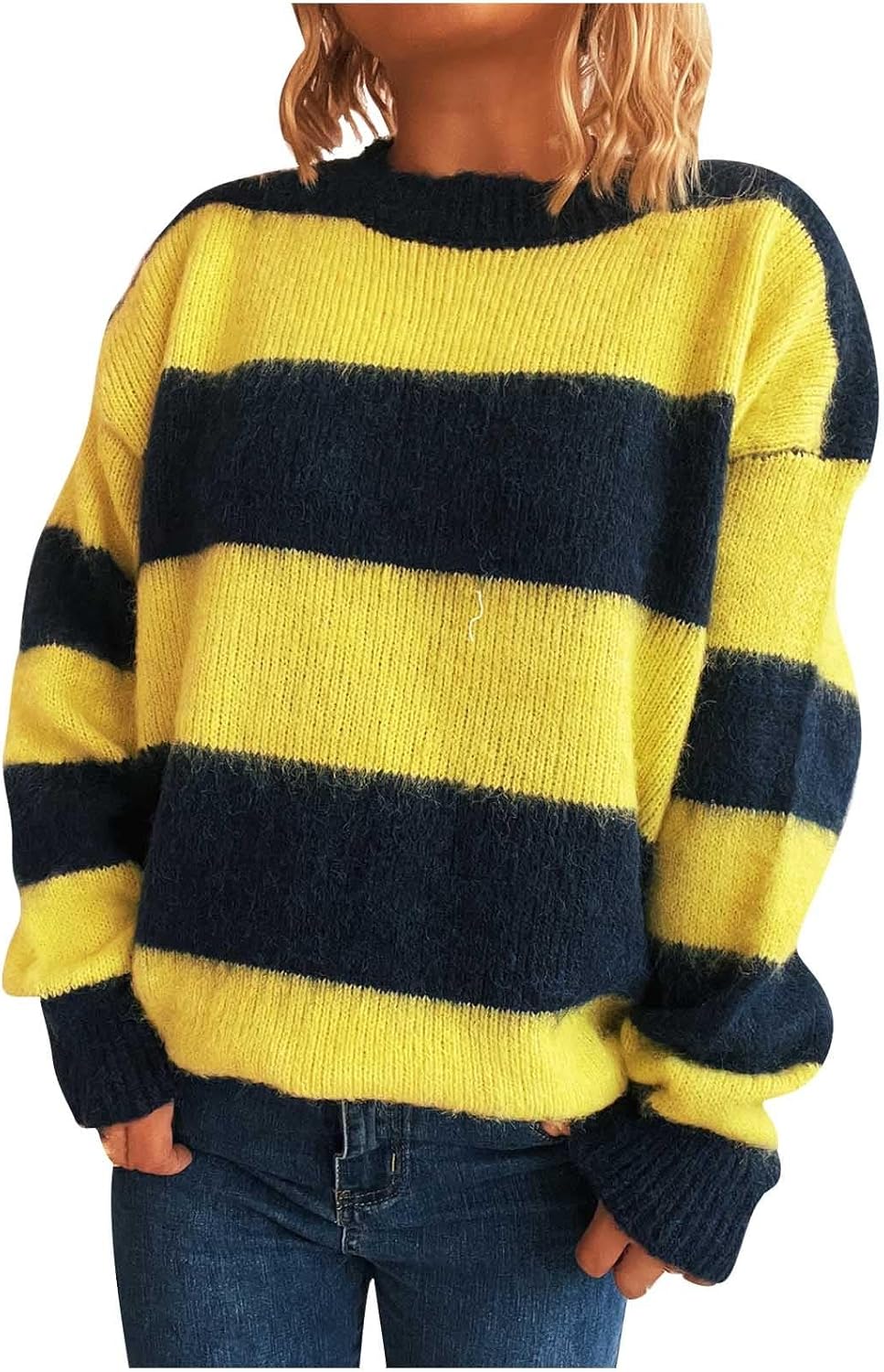 Women's Striped Sweaters Long Sleeve Round Neck Fall Pullover Loose Fit Tops Color Block Fashion Casual Soft Tunic