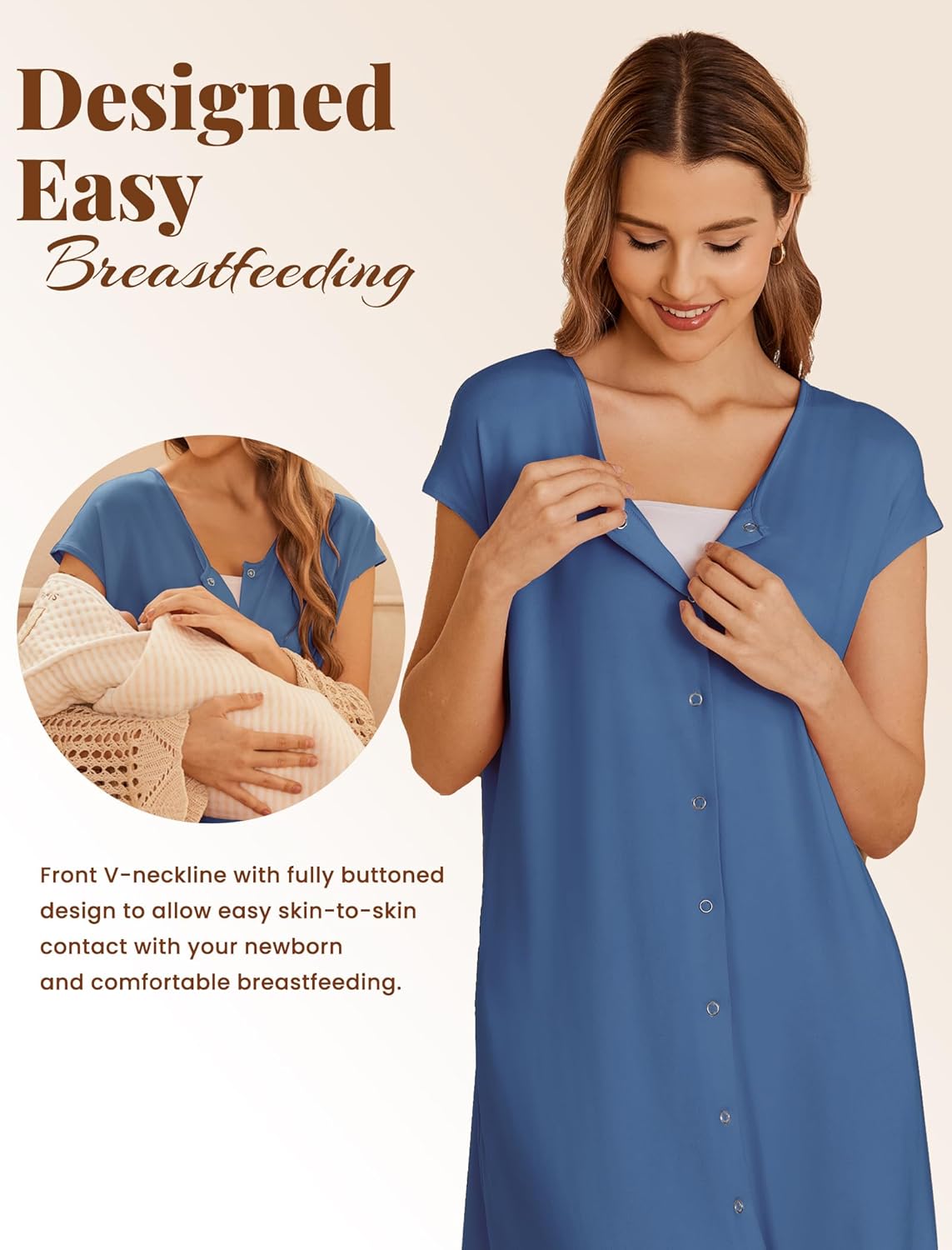 Ekouaer Labor/Delivery/Hospital Gown Nursing Nightgown Maternity Sleepwear With Pockets Postpartum Gowns with Button S-XXL - Image 3
