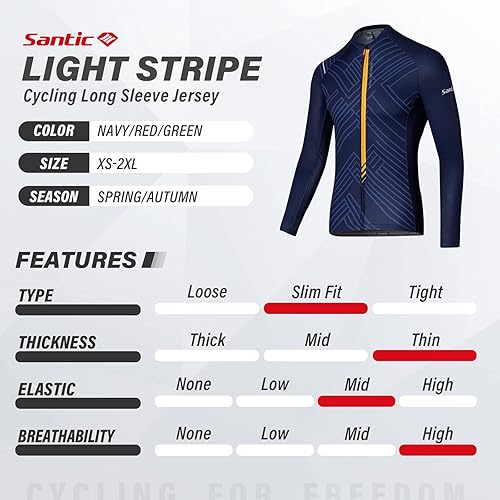 Miniatura 6 de Santic - Camiseta de ciclismo para hombre, manga larga, con cremallera completa, reflectante, con bolsillos