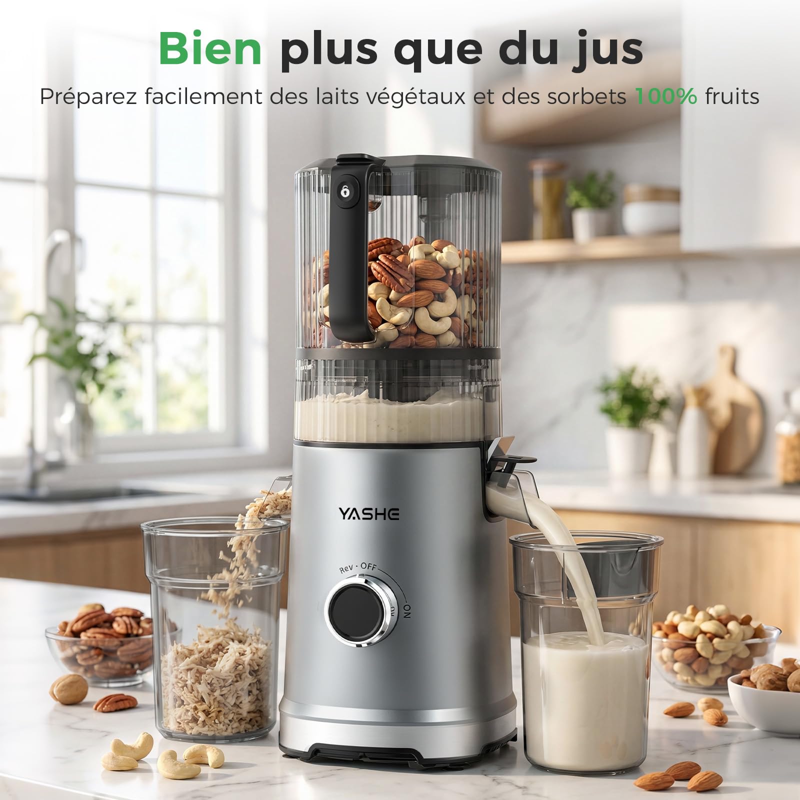 YASHE Extracteur de Jus à Froid 600W, Goulotte Extra-Large 152 mm pour Fruits et Légumes Entiers, Tamis 3-en-1 (Jus, Sorbet & Lait Végétal), Sans BPA, Lavable au Lave-Vaisselle, Capacité 1L