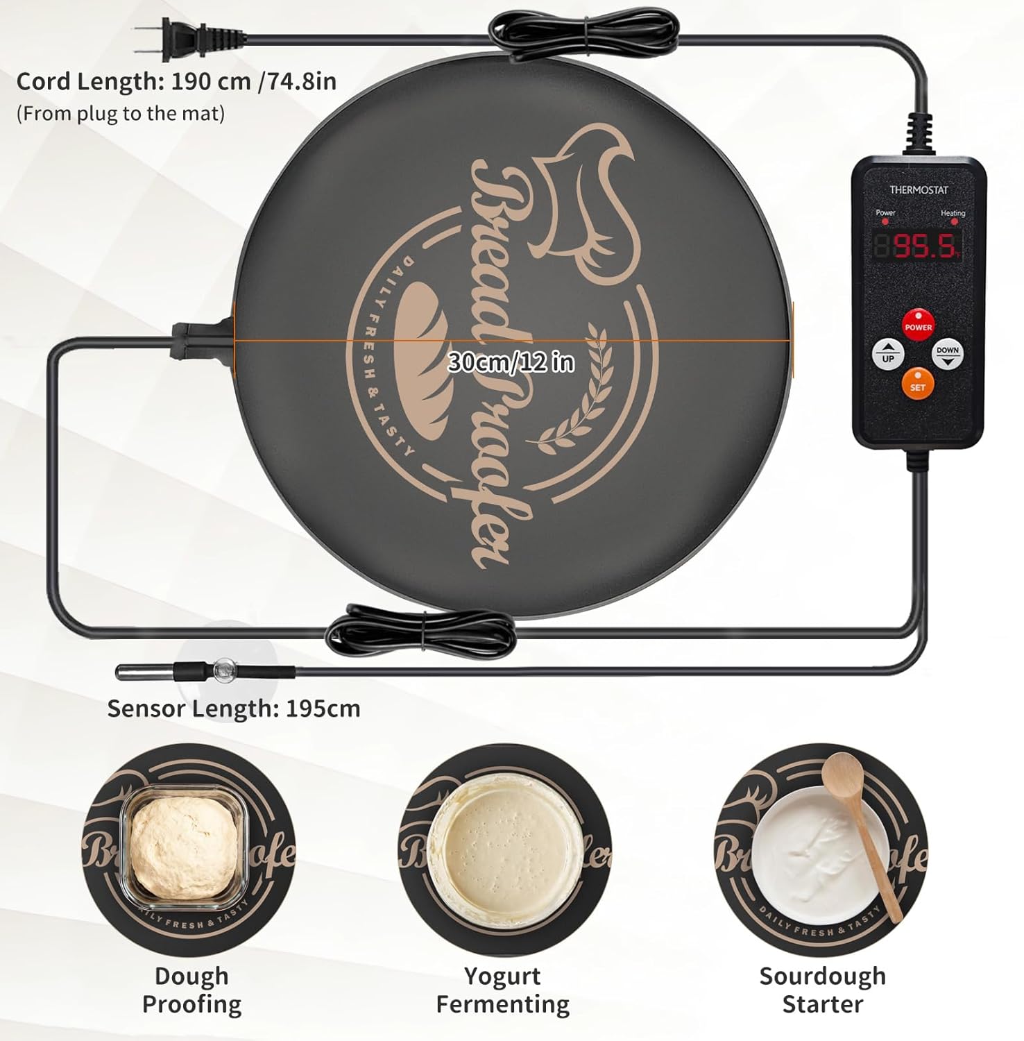 Bread Proofing Mat with Digital Temperature Control & Timer, UL Certified & Safe 12"x12" Heating Pad for Dough Rising, Sourdough Starter, Yogurt, Kombucha- Baking Supplies for Home Bakers