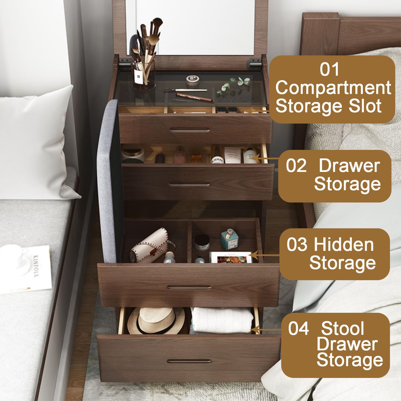 Schminktisch-Set aus weißem Gummibaumholz mit Klappspiegel, Schminkhocker und 2 Schubladen – Stauraum für Schlafzimmer, Wohnzimmer, Büro, Schreibtisch/Nachttisch (S-48cm)