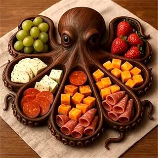 Octopus Charcuterie Platter, A Novelty Present for Seafood Lovers, Ocean Themed Cheese Bread Board, Octopus Design Wooden Tray for Meat Cheese Fruit