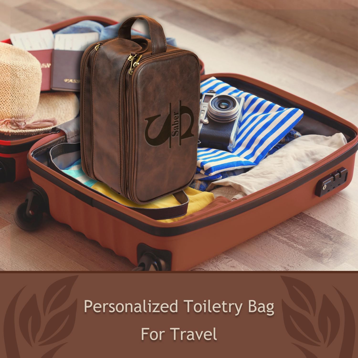 Personalized Toiletry Bag for Men, Large Capacity Custom Name Initials PU Leather Dopp Kit, Groomsmen Gift, Customized Travel Monogrammed Travel Shaving Bag, Handcrafted for Dad, Husband, Grandpa