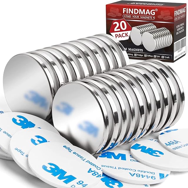 FINDMAG 20 Pack Strong Magnet, 30 x 3 mm 8 KG Pull Super Strong Neodymium Disc Magnets, Fridge Magnet with Double-Sided Adhesive, Permanent Rare Earth Magnets for Fridge, Whiteboard, Building, Craft