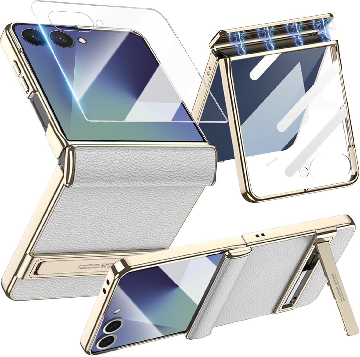 NINKI Screen Protector for Samsung Galaxy Z Flip 7 Case with Kickstand & Magnetic Hinge Protection,Shock-Absorption Stand for Galaxy Z Flip 7 Phone Case Leather for Samsung Z Flip 7 Cover Women White