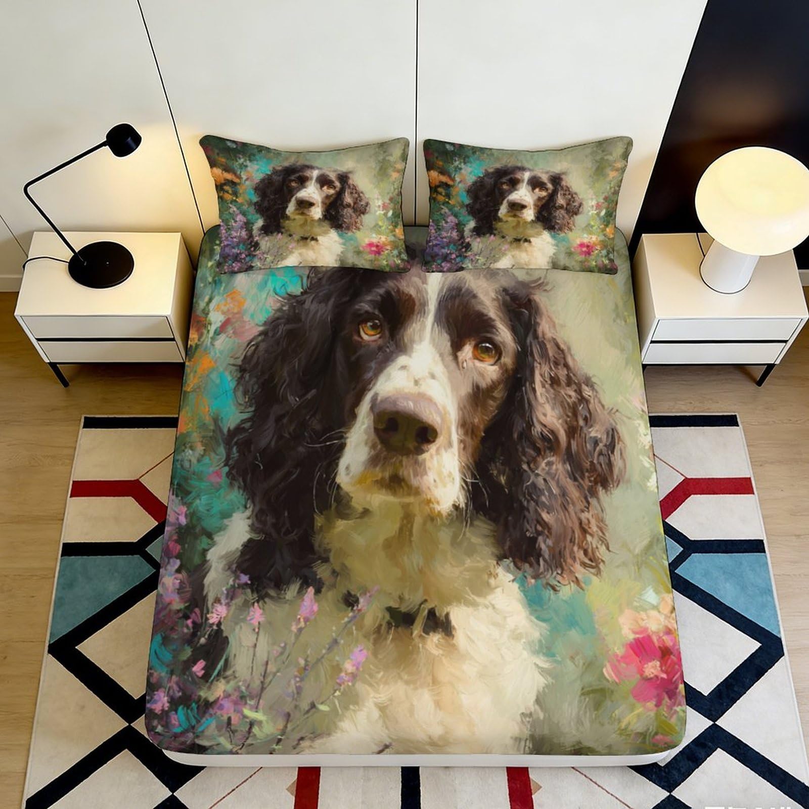 3D Printed Springer Spaniel Dog Fitted Sheet Microfiber Soft Durable Floral Bed Cover for Bedroom Dormitory Guest Room Mattress Protection 120x200x25cm