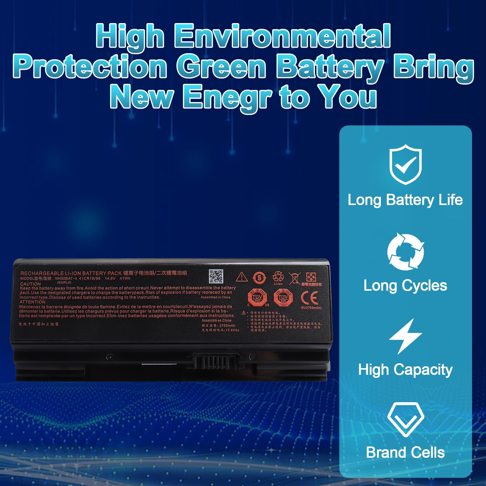 14.6V NH50BAT-4 Batterie pour Clevo NH50 NH55 NH57 NH58 NH70 HASEE Z7M-CT Z7M-CT7GS Z7M-CT5NA Z7M-CT7NA Z7M-CT7NK Sager NP6855 NP6856 NP6876 NP7853 Medion Erazer P15609 P15805 Gigaoctet A5 X1 A7 X1S