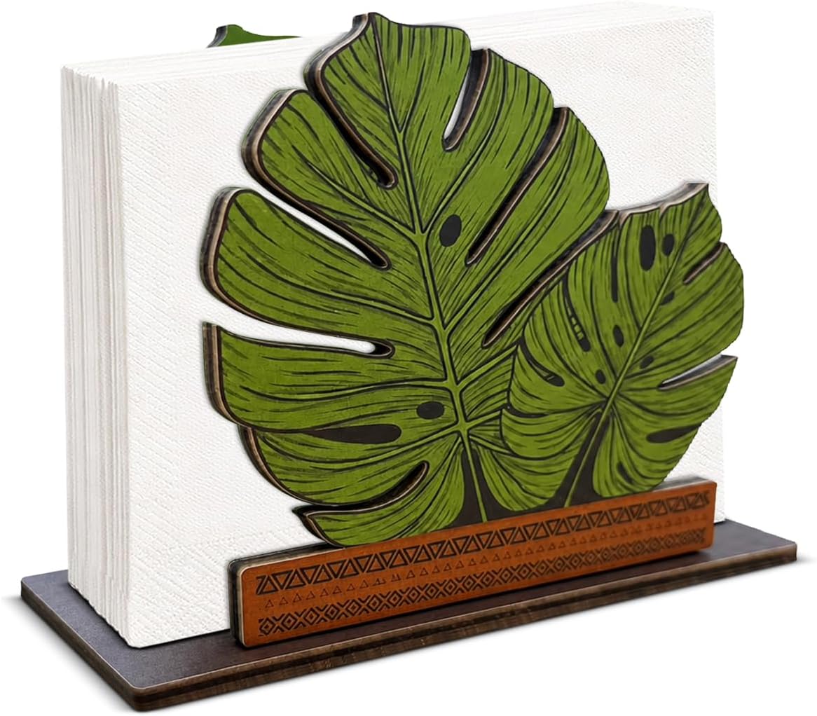 Wooden Napkin Holder for Table, Sage Green Monstera Leaf Wood Napkin Dispenser for Farmhouse Kitchen Dining Room Napkins Tissue Holder