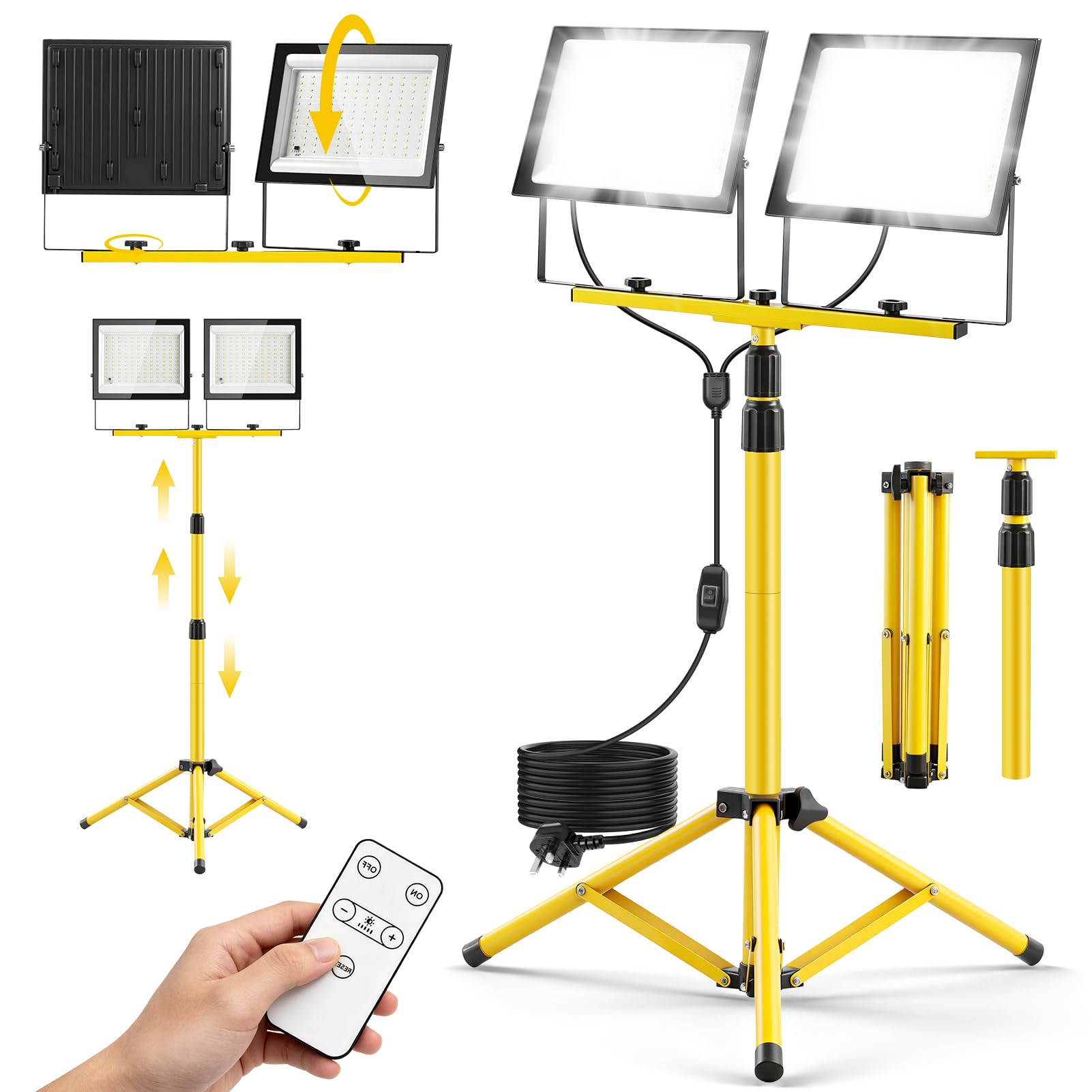 Viugreum 300w Led Tripod Work Light with Remote Control, Dimmable 6500K Security Flood Light 2 Adjustable Heads, Max High 185cm IP66 Portable Construction Floodlight with Stand/Plug/5m Cable Workshop