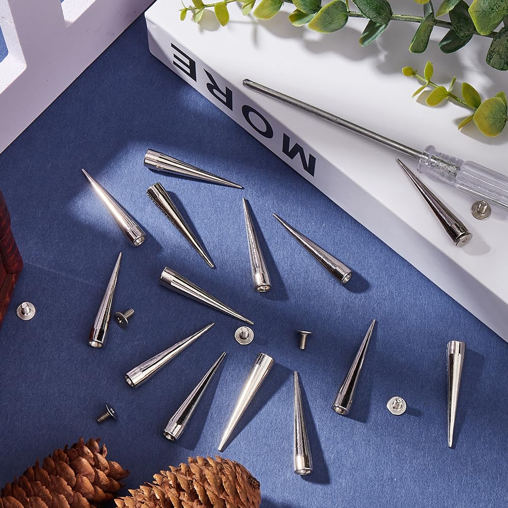 GORGECRAFT 1 Box 40mm Silver Cone Spikes Metal Spike Studs Large Cone Punk Round Screwback Stud 30 Sets Long Leathercraft Tree Spikes Leather Rivets for Clothing Jackets Shoes Rock Style DIY Crafts