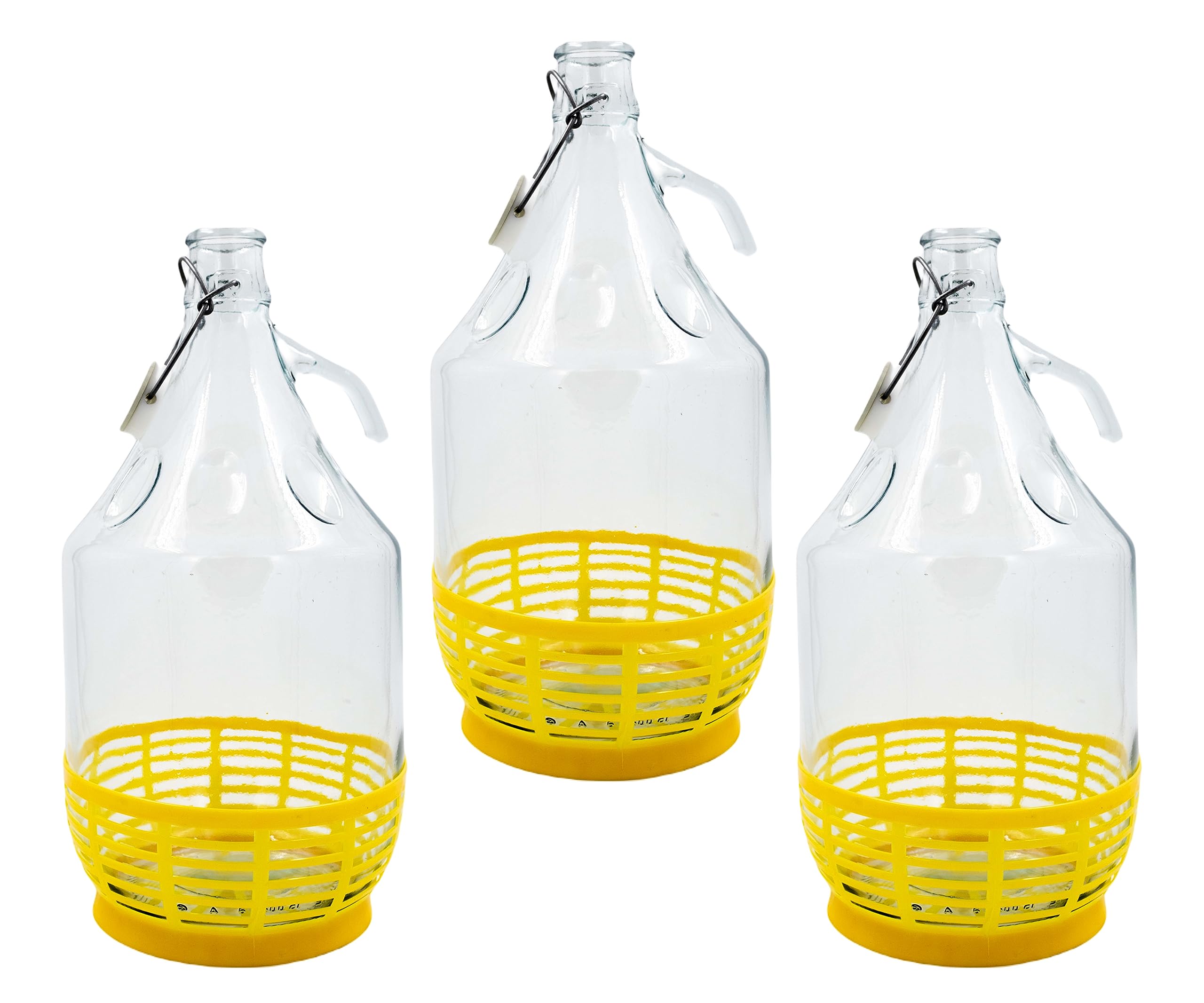 Bouteille de vin Ballon à col étroit avec Couvercle pivotant et Panier pour Le Stockage de Boissons fermentées en Verre Transparent, hermétique, Lot de 3 x 5 l