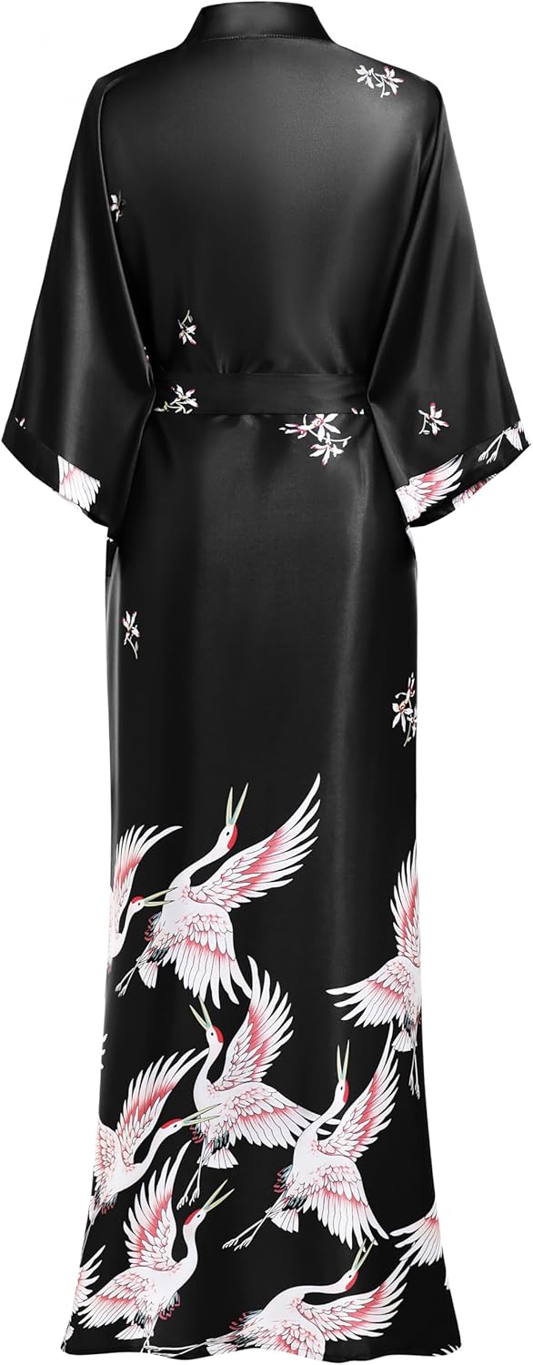PRODESIGN Long Kimono Robe Satin Sleepwear Blouse Bathrobe Nightgown Silky Crane Kimono Cardigan Robe - Image 2