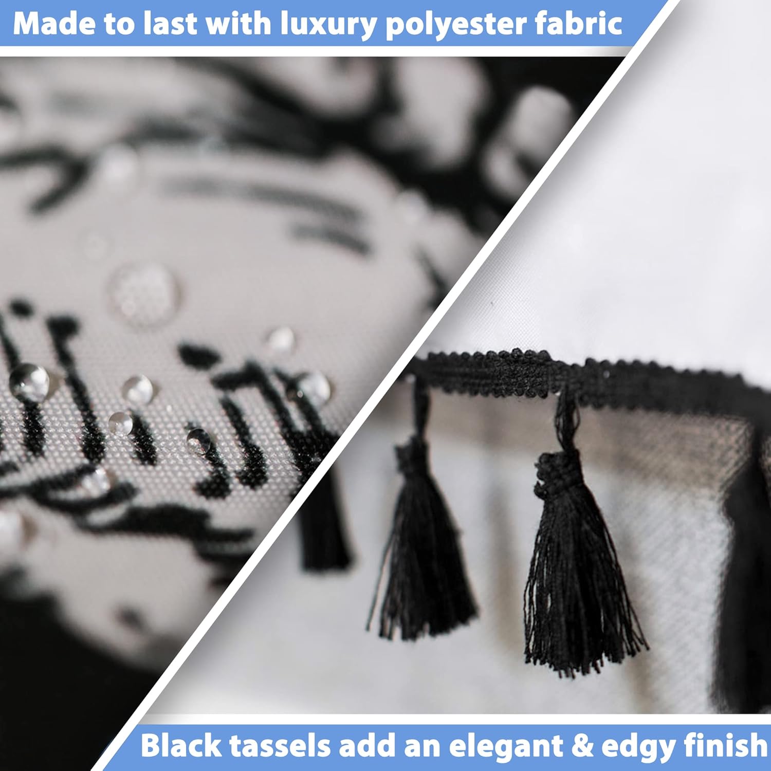 Flash Flood Mermaid Shower Curtain for Gothic Bathroom Decor- Gothic Shower Curtain for Mermaid Bathroom Decor - Water Resistant, Anti-Rust Metal Grommets, 12 Metal Hooks - Black & White Tasseled