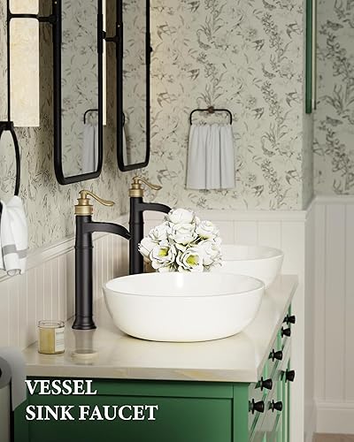 Miniatura 7 de Homevacious Grifo de lavabo de recipiente negro y dorado, grifo de baño de cascada de un solo agujero, grifo de lavabo de cuerpo alto con drenaje