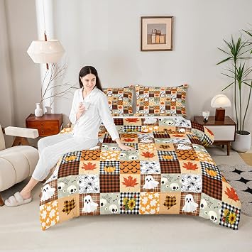 Manfei Halloween Grid Twin Size Comforter Set for All Seasons,Cute Pumpkin Bat Spider Web Bedding Set Teens Bedroom Decor,Geometric Patchwork Comforter Inner Fill with 1 Pillowcase
