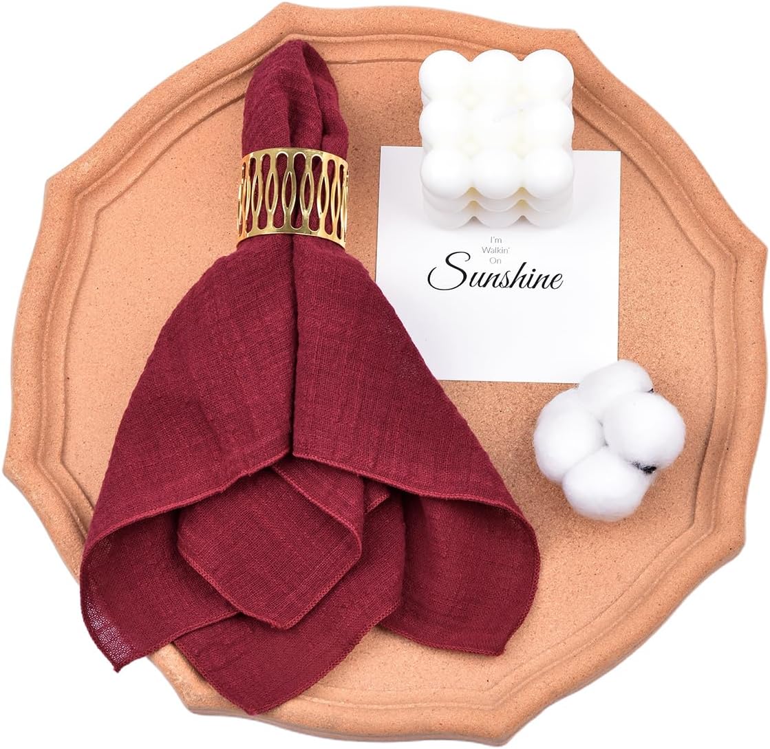 Joanlody Handmade Cloth Napkins Fall Thanksgiving Rustic Cotton Linen Napkins 16.5x16.5 Inches Washable Dinner Napkins for Baby Shower Wedding Party Set of 10 Burgundy
