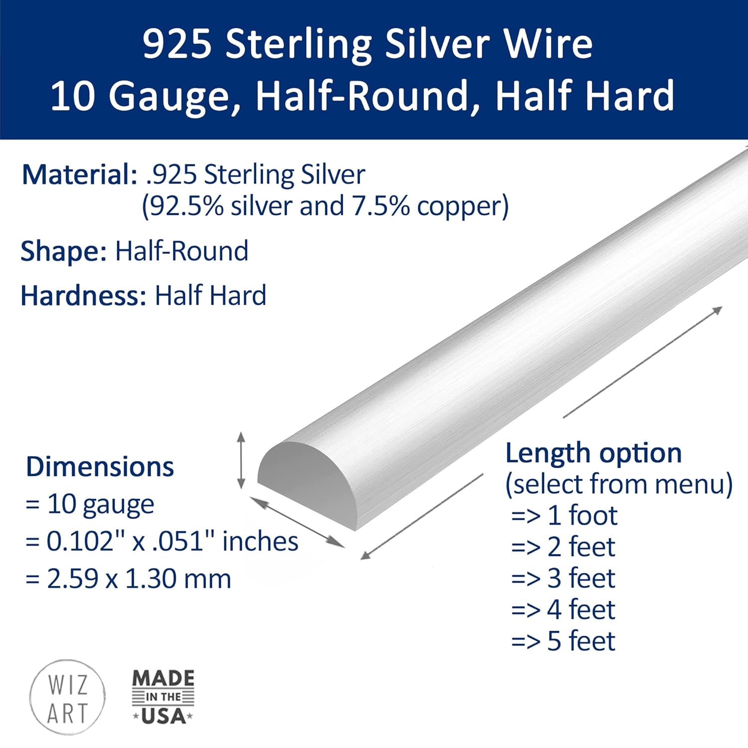10 Gauge, Half-Round, Half Hard, 925 Sterling Silver Wire - 1 FT - for Jewelry Art from WIZART
