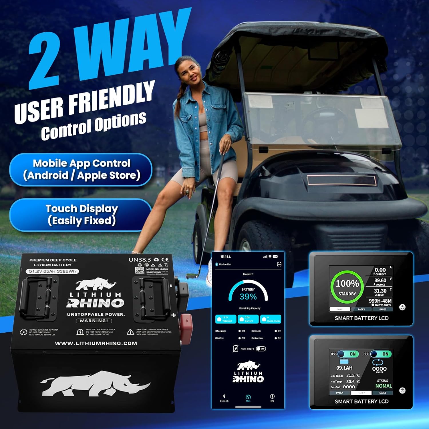 48V 65Ah Lithium Golf Cart Battery Full Kit with 25-Amp Charger, 700A Max BMS, LCD Touchscreen & Mobile App, 12V Reducer, 6000+ Cycle Life, 48V Golf Cart Conversion Kit, Install Support