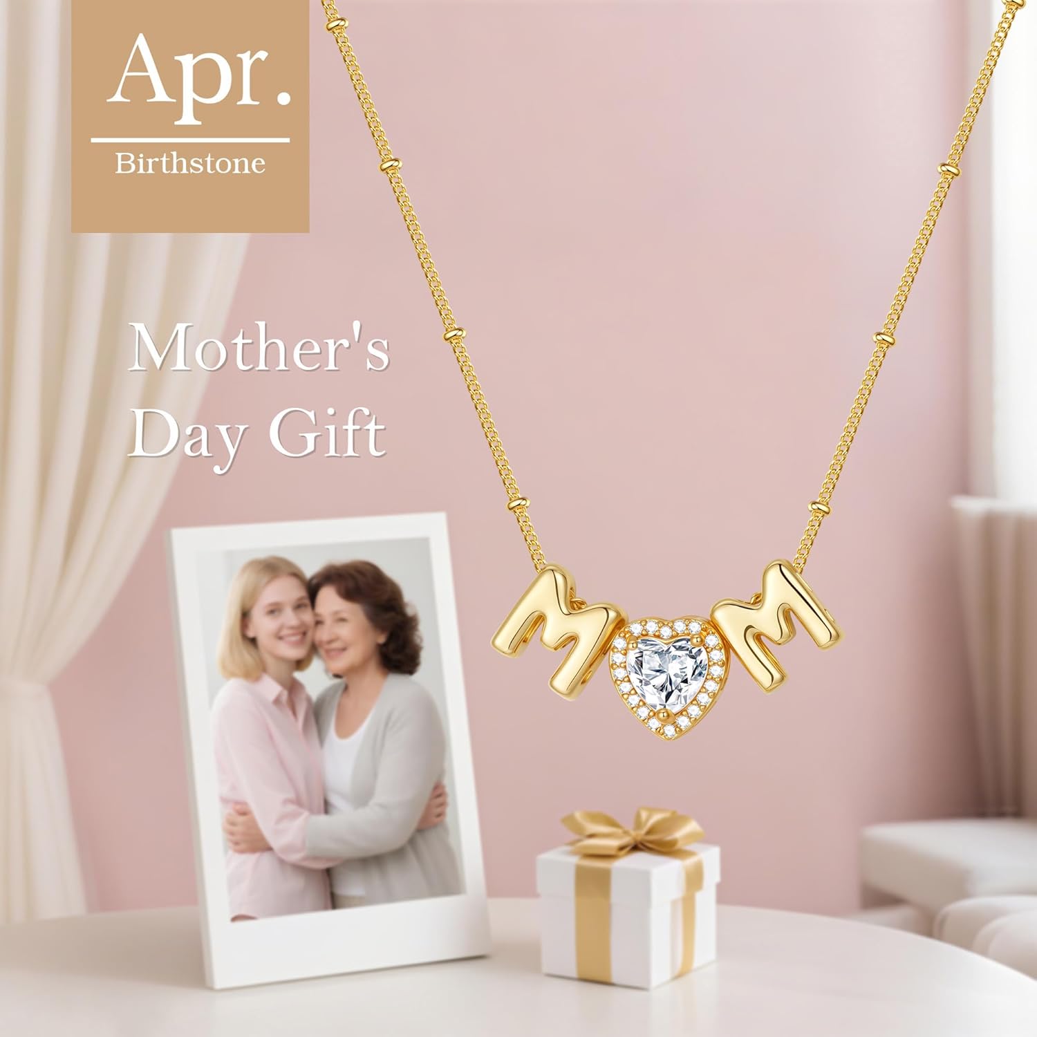 M MOOHAM Mom Birthstone Necklace Gifts for Women, Dainty Mothers Day Jewelry for Women Mother Wife Birthday, New Mom Gifts From Daughter, 14K Gold Plated Love Heart Birthstone Pendant Necklaces - Image 6