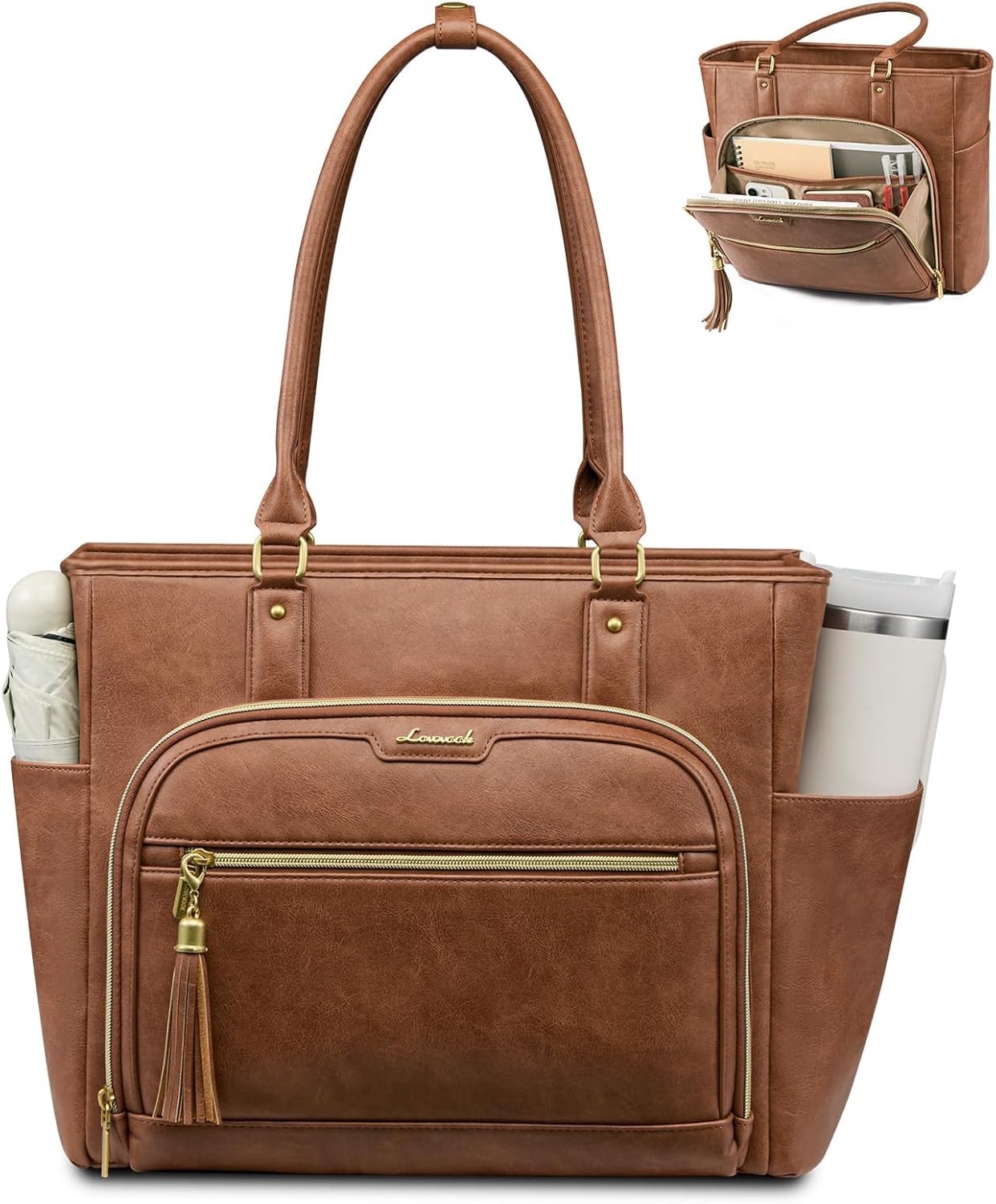 LOVEVOOK Laptop Tote Bag for Women Work, Vintage Leather Teacher Nurse Bag with Large Cup Holder, Bible Handbag Purse GIfs, Waterproof Professional Computer Briefcase for Business Office, 17 Inch