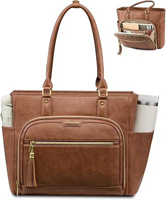 LOVEVOOK LOVEVOOK Laptop Tote Bag for Women Work, Vintage Leather Teacher Nurse Bag with Large Cup Holder, Bible Handbag Purse GIfs, Waterproof Professional Computer Briefcase for Business Office, 17 Inch