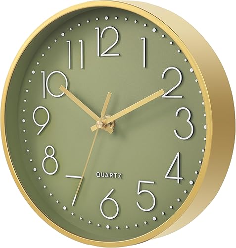 Miniatura 2 de Reloj de pared verde, de 8 pulgadas, moderno, funciona con pilas, silencioso, sin tictac, para dormitorio, cocina, oficina, baño (oro oliva)