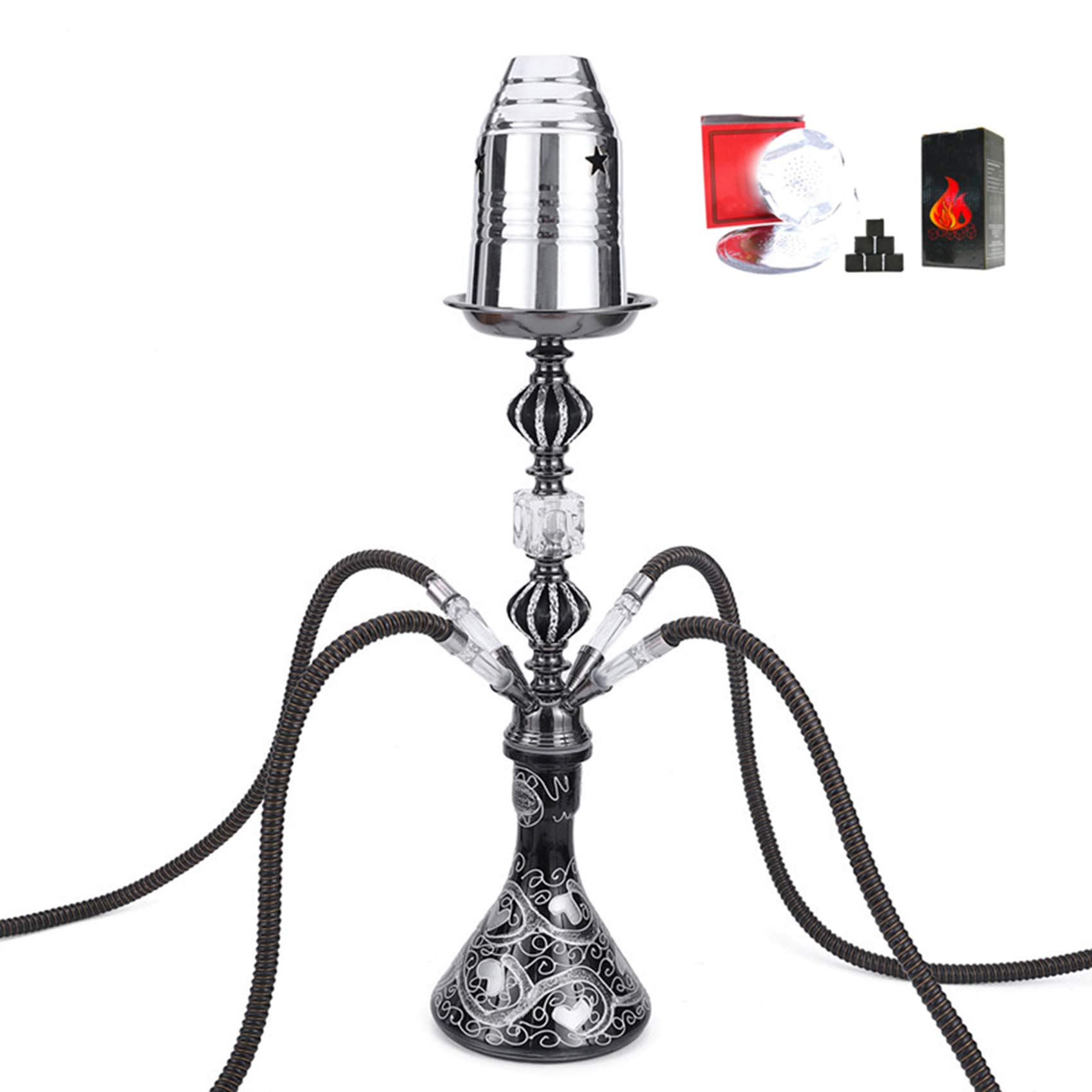 Cachimba Shisha Hookah Set, con Jarrón de Vidrio 2 Manguera de Silicona con Boquilla Y Cuenco para el Mejor Juego Completo de Hookahs para Fumar,4 Hose