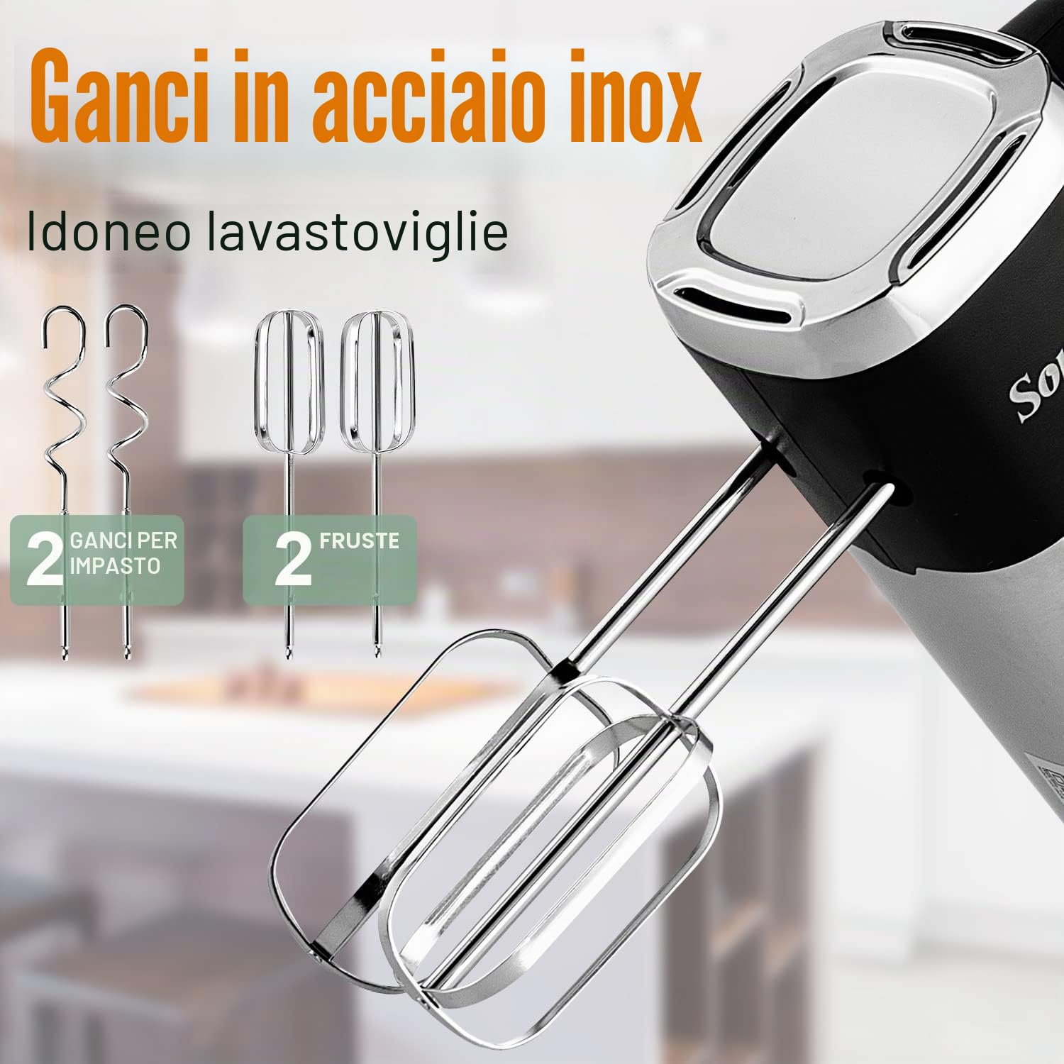 Sonifer Frullatore a mano in acciaio inox, 500 W, miscelatore elettrico, 5 livelli più turbo, design pulsante di espulsione, lavabile in lavastoviglie, 2 ganci, 2 fruste, 1 base