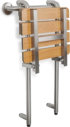 Miniatura 3 de Seachrome Asiento de ducha portátil, banco de perfil, colgado por barra de agarre con respaldo y patas, teca (Modelo SSGBH-180160-PT)