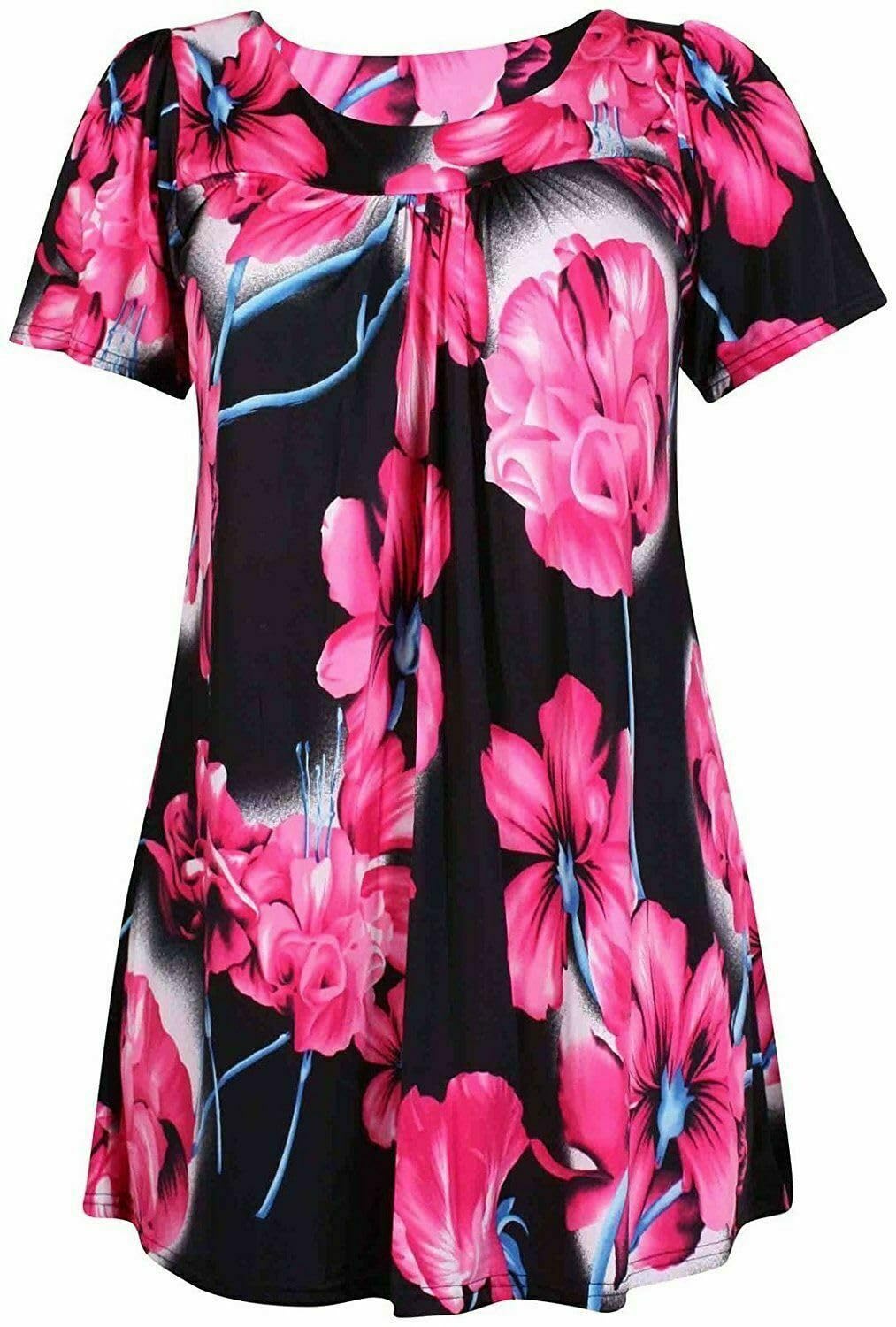 Wearall Women's Cerise Floral Floral Print Short Sleeves Stretch Round Scoop Neckline Long Smock Tunic T-Shirt Top Plus Size 20