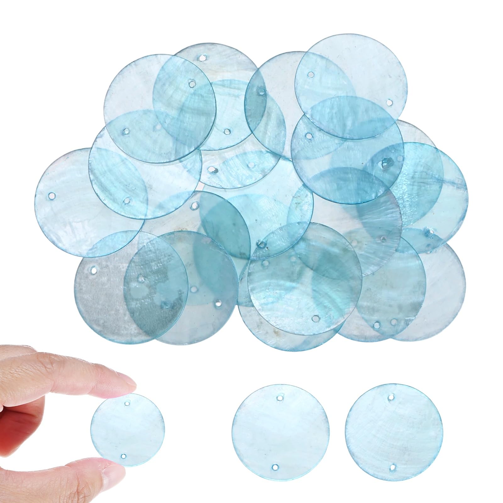 M METERXITY 20-Pack Round Capiz Sea Shells, 1.2 inch(30mm) 2 Holes Natural Shell Pieces for Wind Chimes/Seashell/Curtain Shell/DIY Craft, Flat Round Coin Bead [Light Blue]