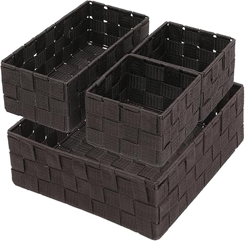 Vista 11 de Juego de 4 cestas de almacenamiento tejidas de polipropileno con marco de metal, cajas de tela apilables para cajones, armario, estante, guardería