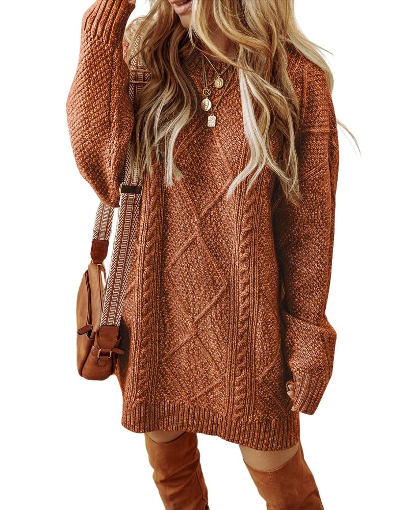 CHICME Women Round Neck Long Sleeve Sweater Cable Knit Casual Loose Fit Pullover Fall Winter Sweaters