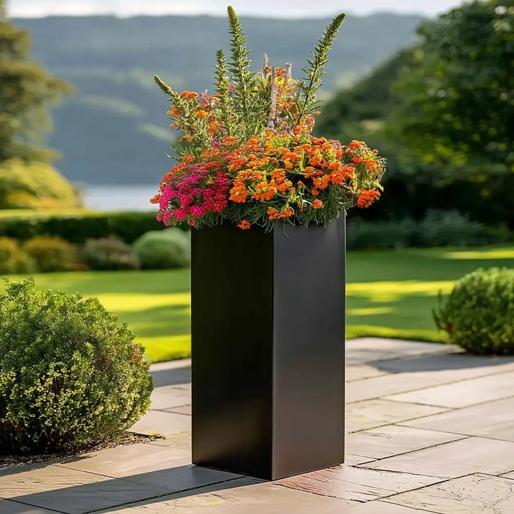Tulipy Zinc Galvanised Tall Square Planter | No Assembly Needed | Lightweight (Matte Black, L40cm x W40cm x H100cm)